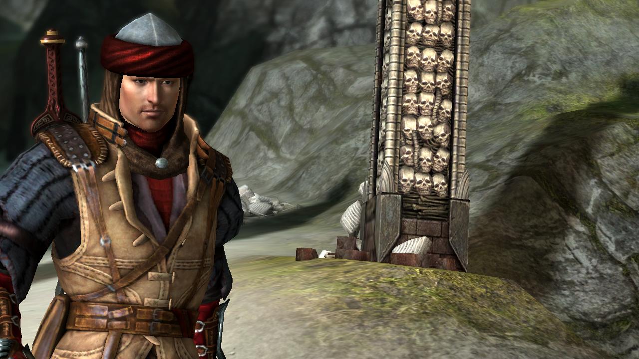 Dragon Age 2 Хоук на фоне столба из черепов